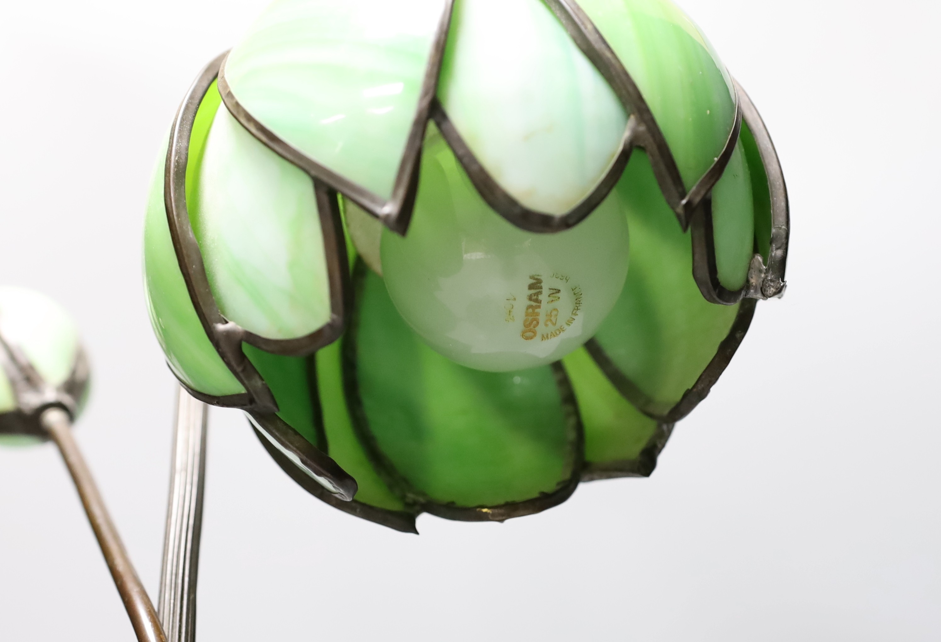 A green glass and metal, Tiffany style tulip lamp, 42cm high